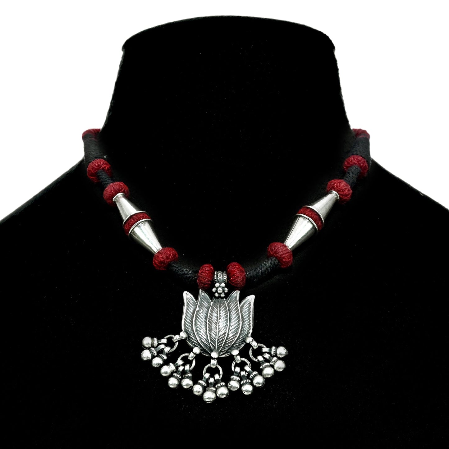 Silver Tribal Lotus Pendant Necklace with Multiple Silver Spacer Beads