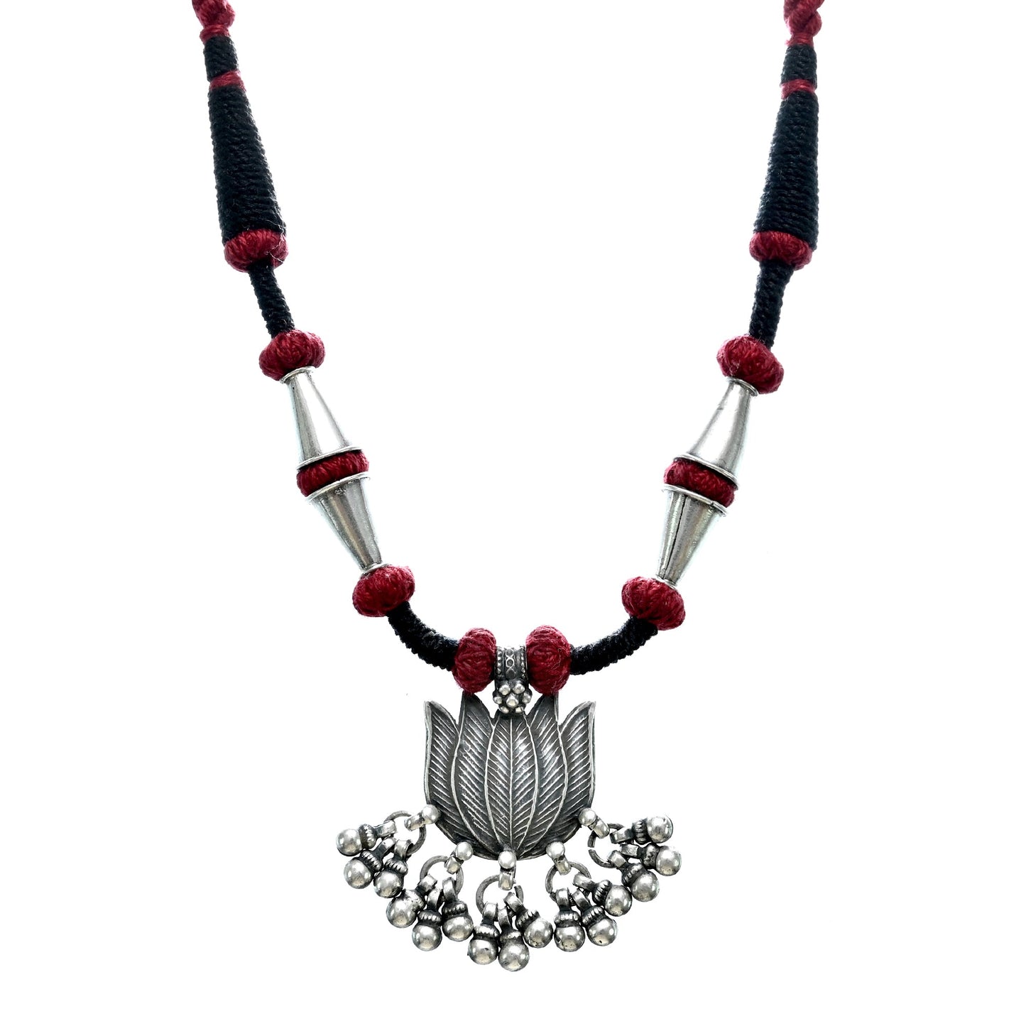Silver Tribal Lotus Pendant Necklace with Multiple Silver Spacer Beads